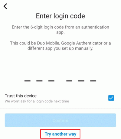 na tela Digite o código de login, toque em Tentar de outra maneira