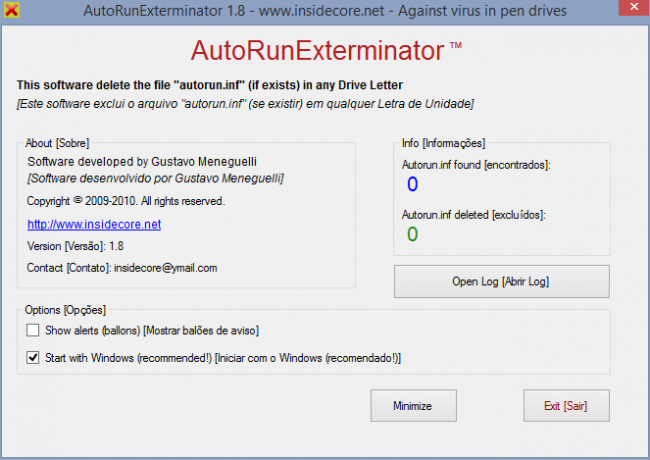 Norėdami ištrinti inf failus, naudokite „AutorunExterminator“.