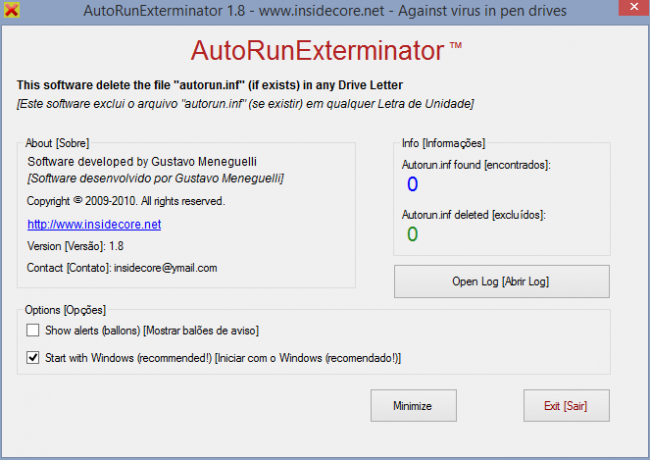 Izmantojiet AutorunExterminator, lai izdzēstu inf failus