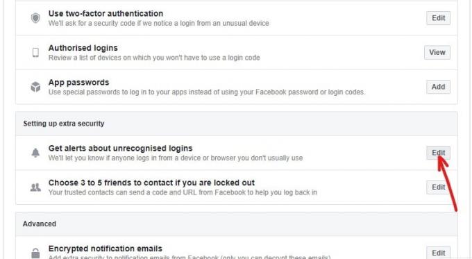 Under Ställa in extra säkerhet klickar du på knappen Redigera bredvid alternativet Få varningar om okända inloggningar .