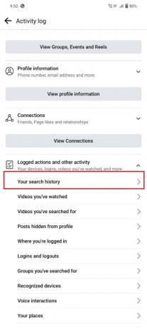 Atingeți opțiunea Istoricul dvs. de căutare pentru a șterge istoricul dvs. Facebook | cum să ștergeți istoricul video vizionat pe aplicația mobilă Facebook