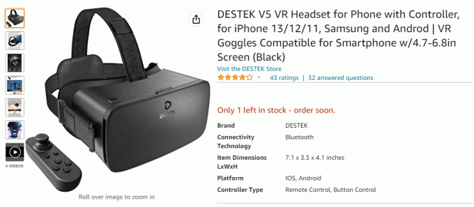 Гарнитура DESTEK V5 VR с контроллером на странице Amazon