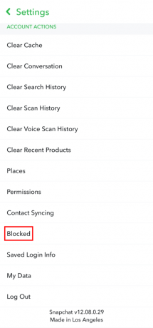 U izborniku Postavke pomaknite se prema dolje do dna i dodirnite opciju Blokirano. | Kako deblokirati nekoga na Snapchatu i dodati ga natrag