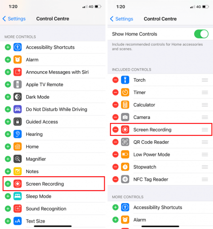 अपने सक्रिय नियंत्रणों की सूची में इसे जोड़ने के लिए 'अधिक नियंत्रण' के तहत स्क्रीन रिकॉर्डिंग विकल्प पर टैप करें
