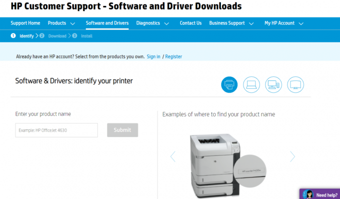 HP Druckertreiber-Download-Seite