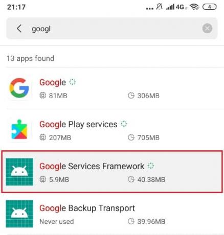 Потърсете „Google Services Framework“ и го докоснете