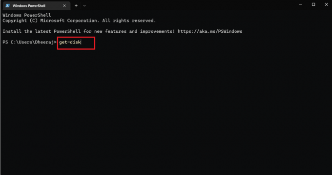 skriv inn get-disk-kommandoen i PowerShell-kommandovinduet og trykk Enter