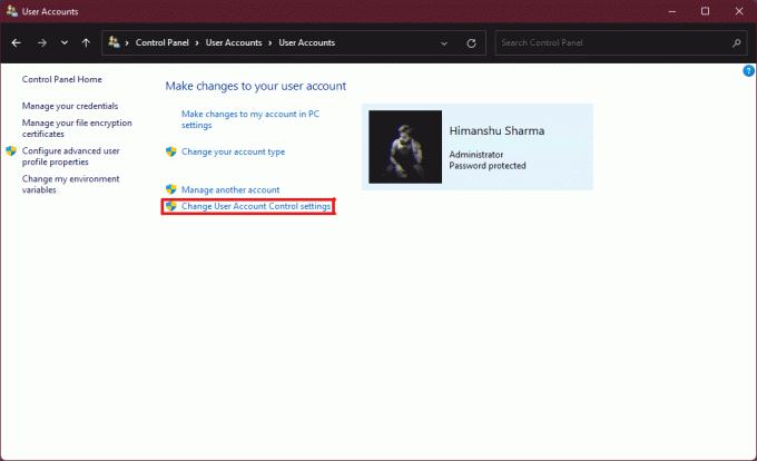 kattintson a felhasználói fiók felügyeleti beállításainak módosítása Windows 11 elemre