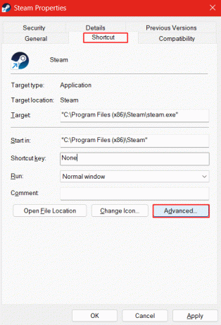 Fare clic sulla scheda Scorciatoia e fare clic su Avanzate. 13 modi per risolvere Steam bloccato durante la verifica dell'installazione
