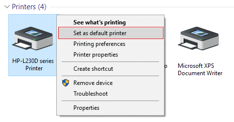 დააწკაპუნეთ მაუსის მარჯვენა ღილაკით თქვენს პრინტერზე და აირჩიეთ Set as default printer
