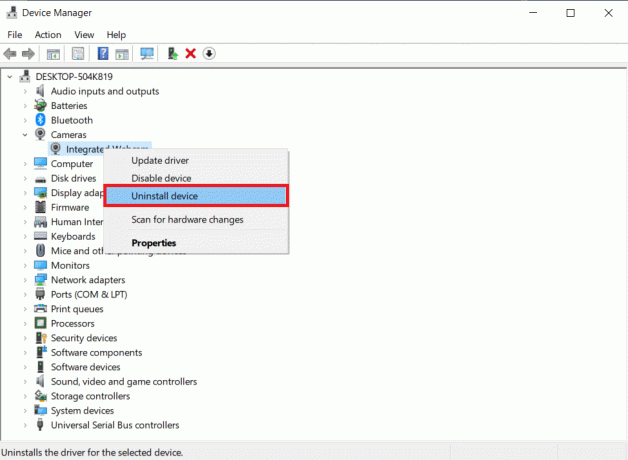 haga clic con el botón derecho en el controlador y seleccione la opción Desinstalar dispositivo. Arreglar la videollamada de Microsoft Teams que no funciona