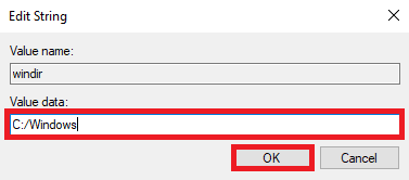 Nos dados do valor, insira C Windows e clique em OK para salvar as alterações. como definir variável de ambiente