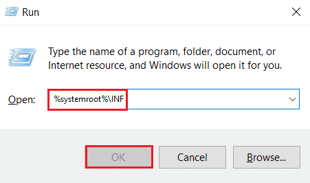 실행 대화 상자의 sstemroot INF. Windows 10에서 Android USB 파일 전송이 작동하지 않는 문제 수정