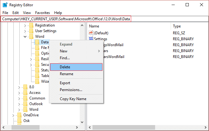 Щелкните правой кнопкой мыши ключ данных, указанный под словом или Excel, и выберите Удалить.