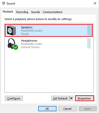 그런 다음 오디오 장치 스피커를 선택하고 속성 버튼을 클릭합니다. Windows 10의 게임에서 소리가 나지 않는 문제 수정