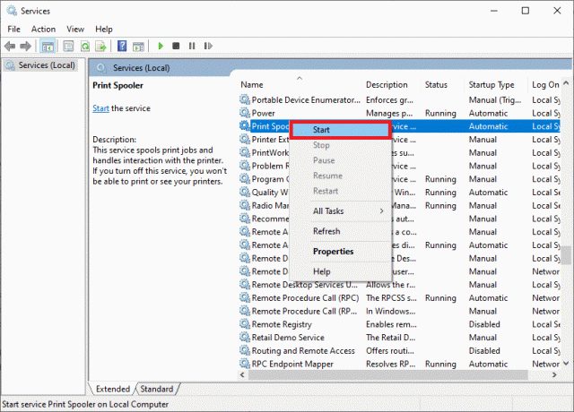 გადადით სერვისების ფანჯარაში და დააწკაპუნეთ მაუსის მარჯვენა ღილაკით Print Spooler-ზე, როგორც ადრე გააკეთეთ. ახლა აირჩიეთ დაწყება ვარიანტი. შეასწორეთ Active Directory დომენის სერვისები ამჟამად მიუწვდომელია Windows 10-ში