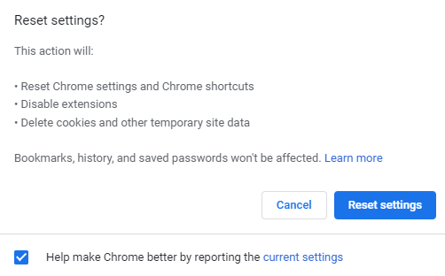 bevestig de prompt door de knop Instellingen resetten te selecteren. 10 manieren om Google Chrome-fout 0xc00000a5 op te lossen