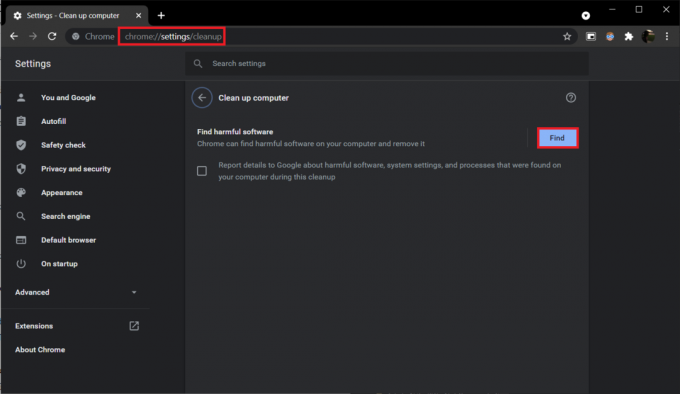 क्रोम में क्लीनअप सेटिंग पर जाएं और Find. पर क्लिक करें