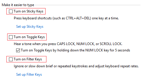 Deaktivieren Sie Sticky Keys aktivieren, Toggle Keys aktivieren, Filter Keys aktivieren