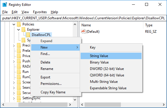 Клацніть правою кнопкою миші на ключі DisallowCPL, а потім виберіть «Нове та рядкове значення».