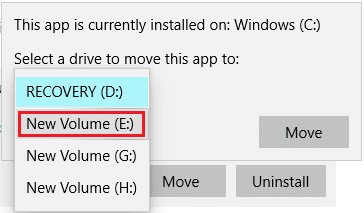 Valitse sovellus tai ohjelma, johon haluat siirtää | Siirrä asennetut ohjelmat toiseen asemaan Windows 10:ssä
