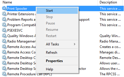 Print Spooler 서비스를 마우스 오른쪽 버튼으로 클릭하고 시작을 선택합니다.