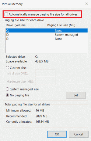 모든 드라이브의 페이징 파일 크기 자동 관리 옵션을 선택 취소합니다. 