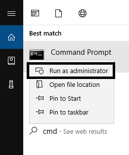 Skriv cmd i Windows-søkeboksen og velg ledetekst med admin-tilgang