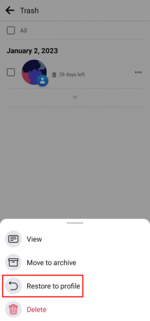 Πατήστε στην επιλογή Επαναφορά στο προφίλ από το παράθυρο διαλόγου που εμφανίζεται στο κάτω μέρος. | δείτε τα διαγραμμένα σχόλια κάποιου στο Facebook