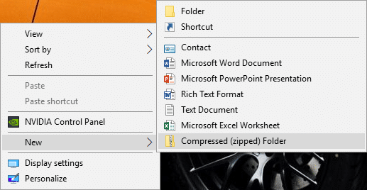 Kliknij prawym przyciskiem myszy Dekstop, a następnie wybierz Nowy i wybierz folder skompresowany (skompresowany)