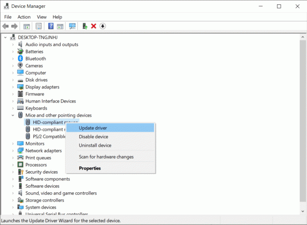 Pojdite na razdelek Miška in izberite miško, ki jo uporabljate. Z desno miškino tipko kliknite nanj, da izberete možnost Posodobi gonilnik.