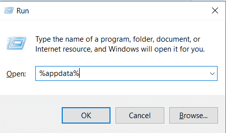 Apri Esegui premendo Windows + R, quindi digita %appdata%
