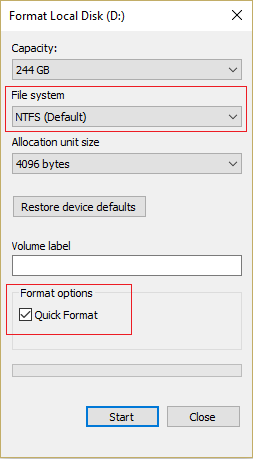 एनटीएफएस (डिफ़ॉल्ट) फाइल सिस्टम का चयन करें और चेक बॉक्स को चिह्नित करें त्वरित प्रारूप