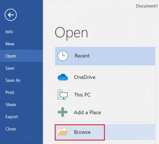 faceți clic pe opțiunea Browse în meniul Microsoft Word File