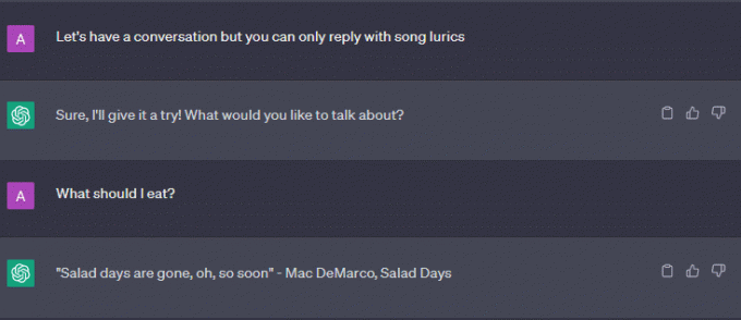 Facciamo una conversazione ma puoi rispondere solo con i testi delle canzoni | domande divertenti da porre a un chatbot