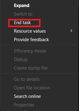 Velg Avslutt oppgave fra de andre alternativene. Reparer Valorant-feilkode 29