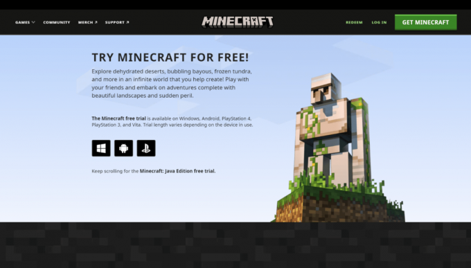 Apmeklējiet Minecraft oficiālo vietni, lai lejupielādētu Java izdevumu ar bezmaksas izmēģinājuma versiju. Kā bez maksas iegūt Windows 10 Minecraft Edition