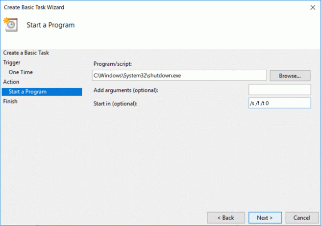 Under Program eller skript bläddra till shutdown.exe under System32 | Ställ in automatisk avstängning i Windows 10