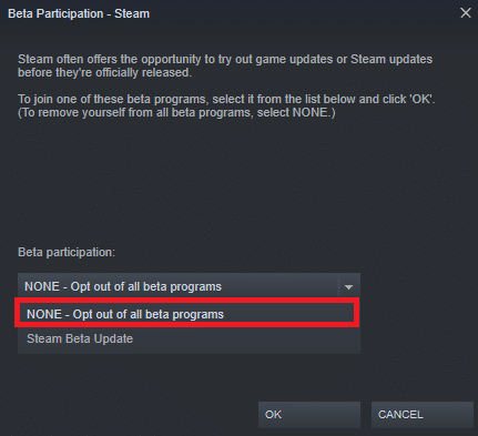 כעת, לחץ על התפריט הנפתח ובחר באפשרות NONE Opt out of all programs beta