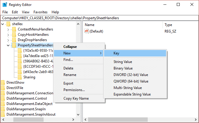 Клацніть правою кнопкою миші на PropertySheetHandlers, потім виберіть Створити та виберіть Ключ