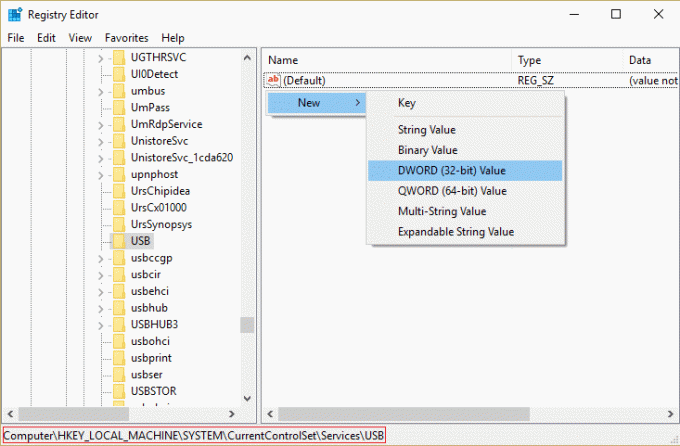 opret en ny DWORD i USB-registreringsnøgle for at deaktivere USB Selective Suspend-funktionen