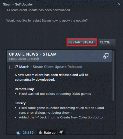 Haga clic en Reiniciar Steam en la ventana emergente. Arreglar la configuración de la aplicación Steam no disponible