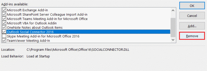 აირჩიეთ Remove in COM Add ins, რომ წაშალოთ დანამატები Outlook-ის ოფციებში. Windows 10-ზე პროფილის ჩატვირთვისას ჩარჩენილი Outlook-ის გამოსწორება