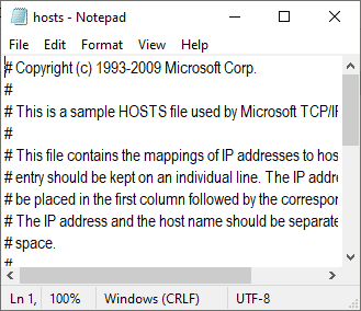 hosts fails tiks atvērts programmā Notepad 