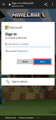 メールアドレスを入力し、[次へ] ボタンをクリックします | Minecraft PE で Microsoft アカウントを変更する方法