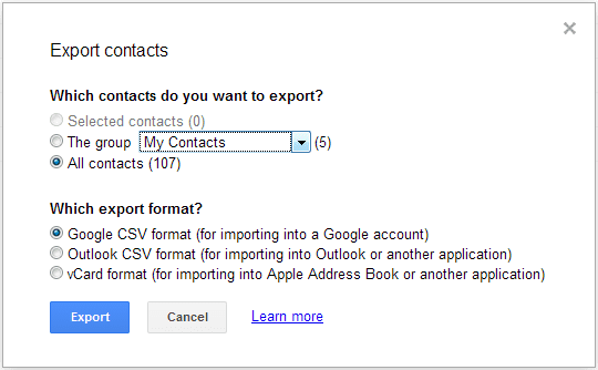 Opções de exportação do Gmail