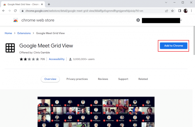 Noklikšķiniet uz Pievienot pārlūkam Chrome un instalējiet Google Meet Grid View paplašinājumu