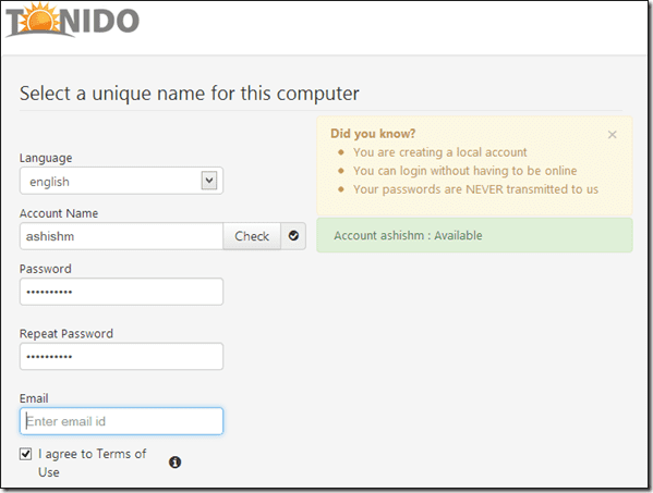 Tonido login