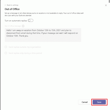 Noklikšķiniet uz pogas Saglabāt. Kā iestatīt ziņojumu par darbu ārpus biroja
