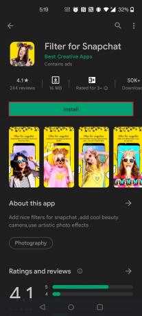 Инсталирайте приложението, което желаете. Тук е избран филтърът за Snapchat. Как да поставите Snapchat филтри върху снимки от Camera Roll